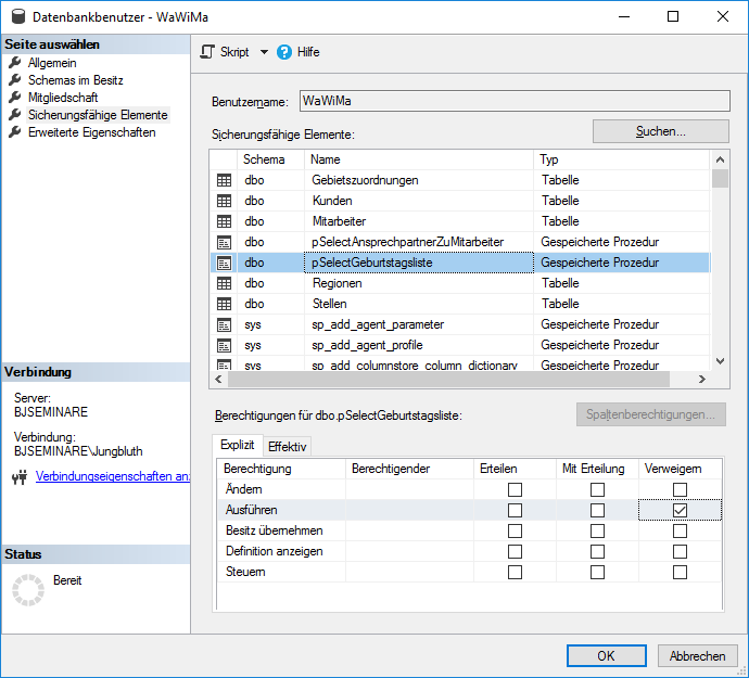 Verweigertes Ausführen einer Gespeicherten Prozedur